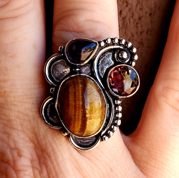 New Tiger Eye, Amethyst and Ametrine 925 Silver Ring. - Picture 7 of 12